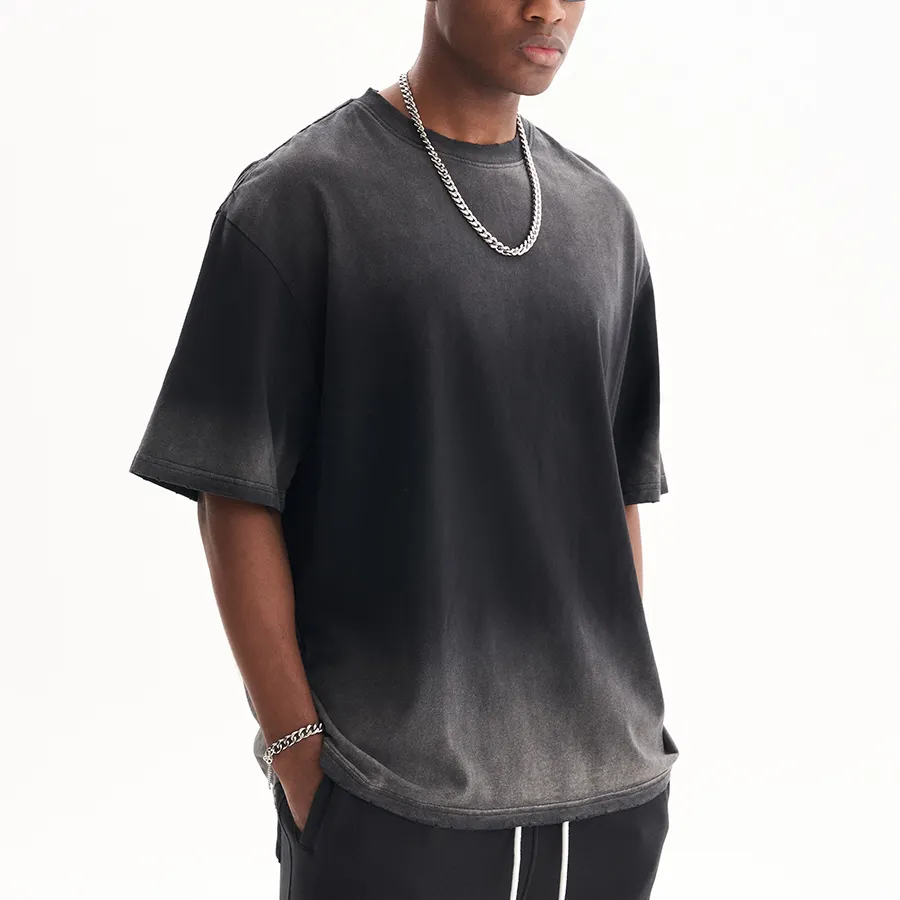 블랙 캐주얼 고민 남성 티셔츠 헤비급 스프레이 염료 대형 티셔츠 스트리트웨어 맞춤형 T 셔츠