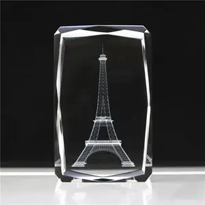 Wholesale 3D Laser Engraving Crystal Glass Paris Eiffel Tower Model Cube For Home Wedding Decoration Souvenir Gifts