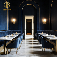 Ensemble de mobilier de luxe en velours bleu marbré pour hôtels, salons de thé et restaurants : canapé, table et chaises, banquette pour l'hôtellerie