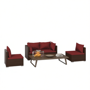 Ensemble de salon de jardin rouge cannelle en rotin brun, mobilier d'extérieur 4 places, contemporain, résistant aux intempéries - Product Image 1