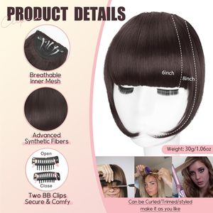 Frangia Sintetica con Clip Marrone Medio, Frangia Finta con Tempie, Posticci per Donne, Estensioni di Capelli Naturali e Curvi - Product Image 2