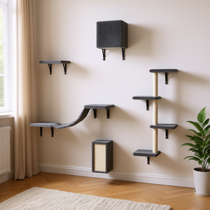 Arbre à chat mural gris moderne, multi-niveaux, avec perchoir, pont, griffoir et niche pour chats d'intérieur, design minimaliste, écologique - Product Image 2