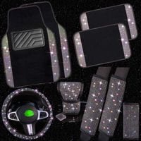 Ensemble d'accessoires de voiture scintillants : Housse de volant et tapis de sol universels avec strass étincelants pour femmes