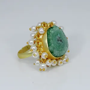 Natuurlijke Groene Solar Quartz Druzy & Parel Kralen Edelsteen Messing Vergulde Handgemaakte Bezel Set Verstelbare Ring