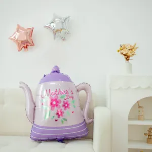 Newest OEM Design Mothers's Day Foil Balloons Flower Pot Banner Kettle Shape Happy Mothers Day Print Purple Balloons For Mama