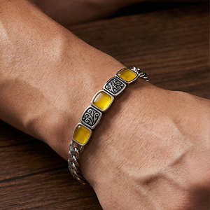 Vintage Women's Stainless Steel Amber <b>Bangle</b> Geometric Pattern Bezel Setting Cuban style <b>Bracelet</b> Antique <b>Silver</b> Plated - Product Image 5