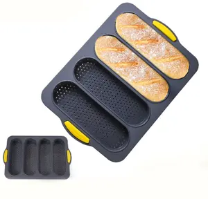 Loyang Baguette Prancis antilengket nampan kue berlubang 3 roti silikon aman untuk Oven
