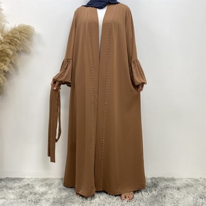 1961# Gorgeous Arab Front Open Abaya With Small White Pearls Latern Cuff Dubai Nida Abayas <b>Cardigan</b> With Side Pockets 5 Colors - Product Image 3