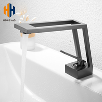 Robinet de lavabo cascade noir en laiton pour salle de bain, mitigeur eau chaude et froide