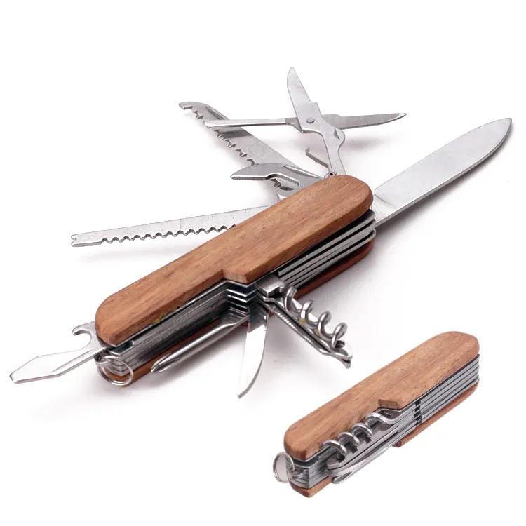 Wholesale folding multi tool keychain multifunctional swiss knife small pocket knife with wooden handle