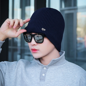 Men's Winter Knitted Ski Hat Navy Blue Warm Windproof Outdoor Sports Cap Adult Cotton Fleece Lined - Product Image 1