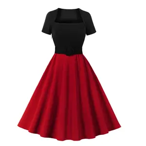 2023 नई महिला पोशाक काले लाल पैचवर्क ट्यूनिक सुरुचिपूर्ण विंटेज ड्रेस शॉर्ट आस्तीन 1960s रेट्रो रॉकेबली एक लाइन ड्रेस sr364