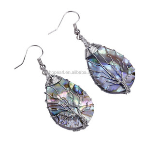 MOP225 Tree of Life Ciondola Gli <span class=keywords><strong>Orecchini</strong></span> Abalone Teardrop Shell A Mano Filo Avvolto Orecchino di Goccia - Product Image 1