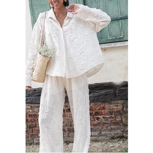 Women's Long Sleeve Shirt Long <b>Pants</b> Pan Flower Silk Jacquard Loose Casual 2 Piece Set Fashion - Product Image 4