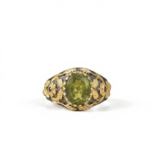 Anillo de Plata de Ley 925 con Peridoto Natural Ovalado Verde, Engaste de Bisel Chapado en Oro de 18K, Estilo Vintage, Regalo de Compromiso para Ella - Product Image 1
