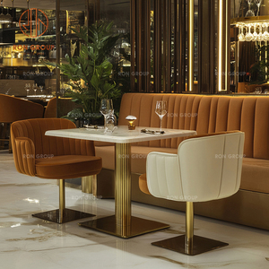 Meubles de restaurant de café de luxe, tables rondes en marbre, chaises pâles et ensemble de canapé en velours orange pour la salle à manger du café - Product Image 4