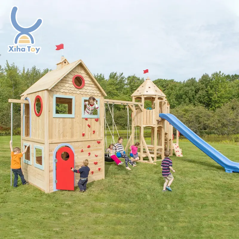 Xiha Backyard Outdoor Hout Speeltuin Spelen Set Swing Set Met Glijbaan Houten Klim Frame Kinderen Playhouse Kleine Cubby Huis