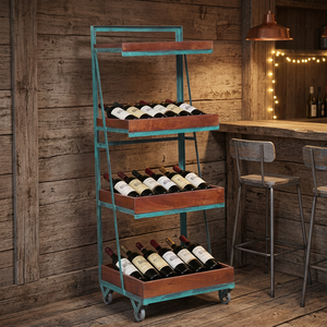 Présentoir à vin moderne en bois et fer sur roulettes, vitrine mobile polyvalente, mobilier de magasin de mode pour centre commercial, ferme, hôtel - Product Image 4