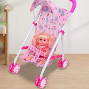 Hot Sale Girl Pretend Play Mini Pink Trolley Eisen rahmen Puppen Wagen Spielzeug Set Musical Schöne Baby puppe Mit Kinderwagen - Product Image 3