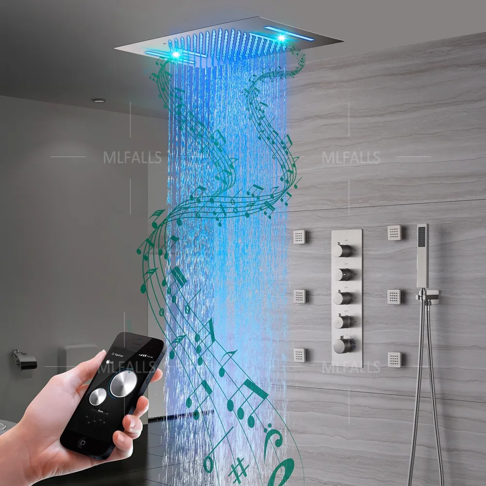 Yeni lüks LED termostatik duş seti nikel fırçalanmış tavan yağış şelale SPA mist banyo duş musluk