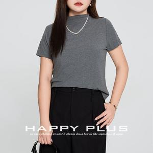 Happy Plus Plus Size Women's High Neck Short <b>Sleeve</b> <b>Top</b> Solid Color Layering T-Shirt Woven American Style Adult Female - Product Image 2