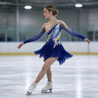 Robe de patinage artistique bleu roi asymétrique à une épaule, manches longues en maille, strass dorés pour enfants et adultes, compétition et performance