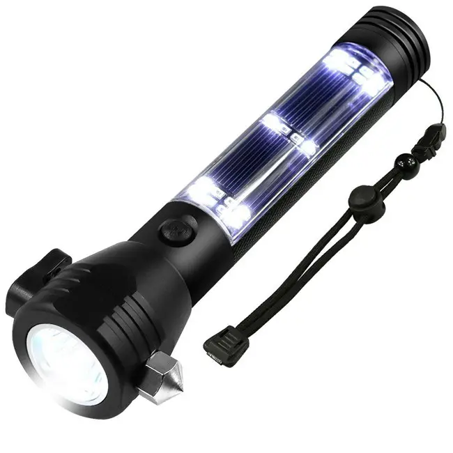Car Flashlight Solar Powered Tactical Flashlight Multi Function Outdoor Car LED Flashlight with 2000mAh Battery