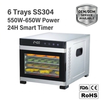 Elektrische 6-bakjes roestvrijstalen voedseldroger - fruitdroger - 35-75°C regelbare temperatuur - 24 uur timer - digitale bediening - oververhittingbeveiliging
