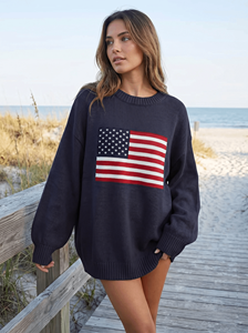 Maglione Casual da <span class=keywords><strong>Donna</strong></span> Personalizzato con Motivo Bandiera USA, Pullover <span class=keywords><strong>Oversize</strong></span> alla Moda, Collo Tondo, Maniche Lunghe, Morbido Lavorato a Maglia - Product Image 2