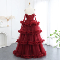Robes de soirée à volants en tulle bordeaux arabe avec gants Robes de soirée de mariage à bretelles spaghetti roses SF049-1