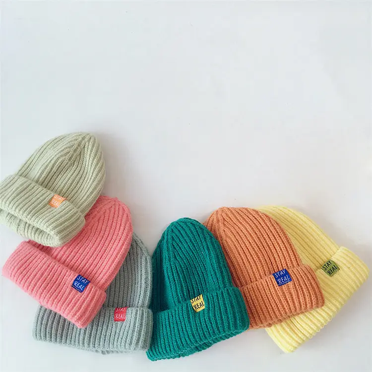 Chapéus infantis de malha bebê, outono de inverno, cor sólida, meninos e meninas, gorros casuais quentes e macios para crianças