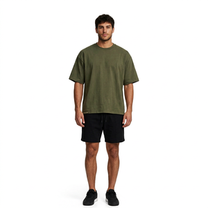 T-shirt décontracté pour homme, col rond, manches courtes, coupe oversize, 100 % coton, vert olive uni, respirant - Product Image 1