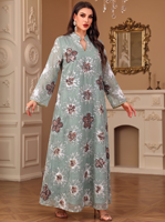 Abaya décontractée de luxe en polyester et mousseline, broderie florale à sequins, col montant, manches évasées, style Dubaï, Kaftan musulman, pour fête de l'Aïd, tenue modeste