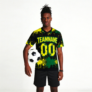 T-shirt a Maniche Corte con Stampa Digitale Stile Tifoso di Calcio Brasiliano, Nome Personalizzabile, Asciugatura Rapida, Scollo a V, in Spandex/Poliestere - Product Image 6