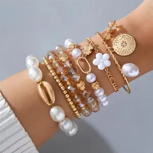 2024 nuevo 4 unids/set chapado en oro Vintage pulsera conjunto bohemio Margarita flor pulseras para mujeres