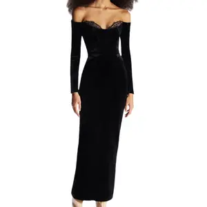 Elegance Slim Fit Custom Velvet Off-shoulder Dress with Detailed Lace Details for Bespoke Touch Women Clothing