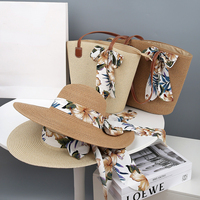 FF5656 Conjunto de Sombrero de Paja Panamá para Mujer y Bolso de Playa de Gran Capacidad para Viajes de Verano