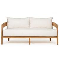 Ensemble de canapé de jardin moderne en teck à trois places avec coussins, mobilier d'extérieur durable, design minimaliste, table basse et chaise