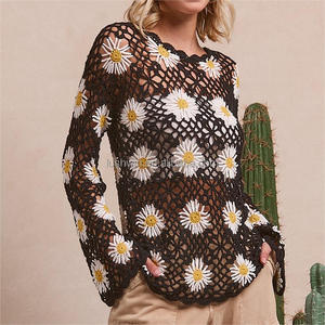 Suéter de punto calado con diseño floral de margaritas para mujer, manga acampanada, estilo bohemio, rosa, top de verano, jersey, cubrebaño de <span class=keywords><strong>playa</strong></span> - Product Image 3