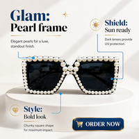 Vente en gros d'usine, lunettes de soleil tendance pour femmes, monture carrée en perles personnalisées, UV400, lunettes de luxe décoratives, mode