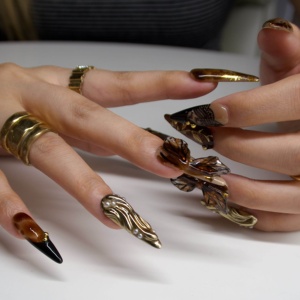 Ongles en acrylique à presser, forme amande longue, <span class=keywords><strong>papillon</strong></span> 3D, feuille d'or, motif végétal, design personnalisable pour fête/rendez-vous/banquet/usage quotidien - Product Image 3