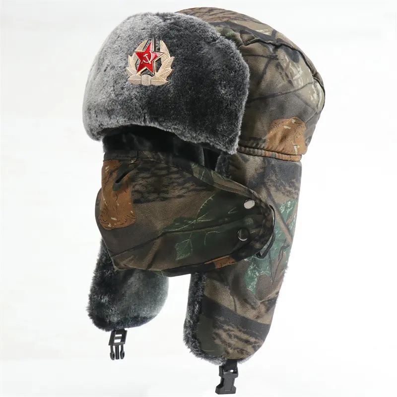 قبعة مخصصة للرجال قناع روسي مموه للشتاء Lei Feng Hat Ushanka الانتحاري قبعة دافئة قبعة في الهواء الطلق قبعة ركوب الدراجات الأذن