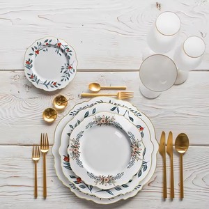 Ensemble d'assiettes à dîner en porcelaine fine nouveau Design assiettes à fleurs avec motif de luxe à bordure dorée pour la restauration événementielle - Product Image 6