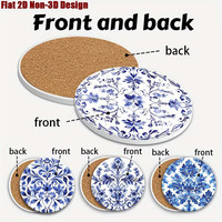 Lot de 4 sous-verres en céramique style porcelaine bleu et blanc classique avec bases en liège, sous-verres en céramique mate absorbants