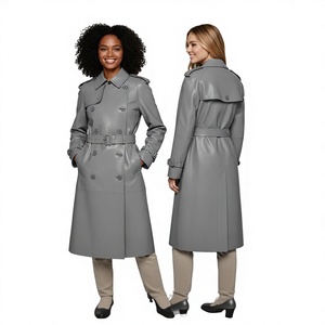 Manteau trench classique gris en cuir PU pour femme, double boutonnage, manches longues, col rabattu, imperméable - Product Image 1