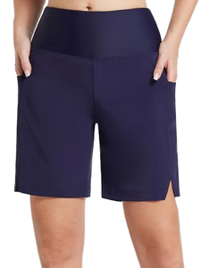 Short de bain taille haute à bas élastique avec poche, séchage rapide, 100 % polyester, couleur unie, pour la plage - Product Image 2