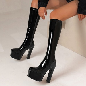 Newest Styles Square Toe High Platform Knee <b>Boots</b> for Women Mirror Patent Leather Long High-heeled Chunky Booties - Product Image 3