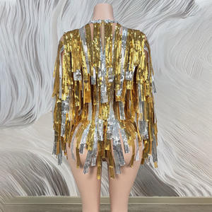 Traje de Baile <span class=keywords><strong>Latino</strong></span> para Mujer Novance Y5565, Brillante con Lentejuelas y Borlas, Elegante, Dorado, de Manga Larga, de una Pieza - Product Image 3