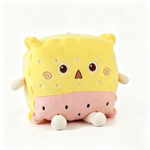 Peluche personnalisée en forme de fromage jaune carré avec petites oreilles d'ours, peluche à deux couches imprimée fromage + jambon rose et pastèque - Product Image 5