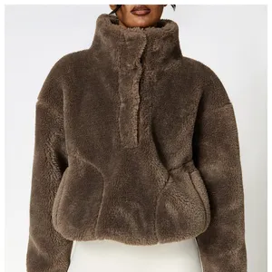 Women sherpa fleece jacket 2023 Winter Warm Soft Plush Zipper Sweatshirt Female Embroidery crop hoodies jacket